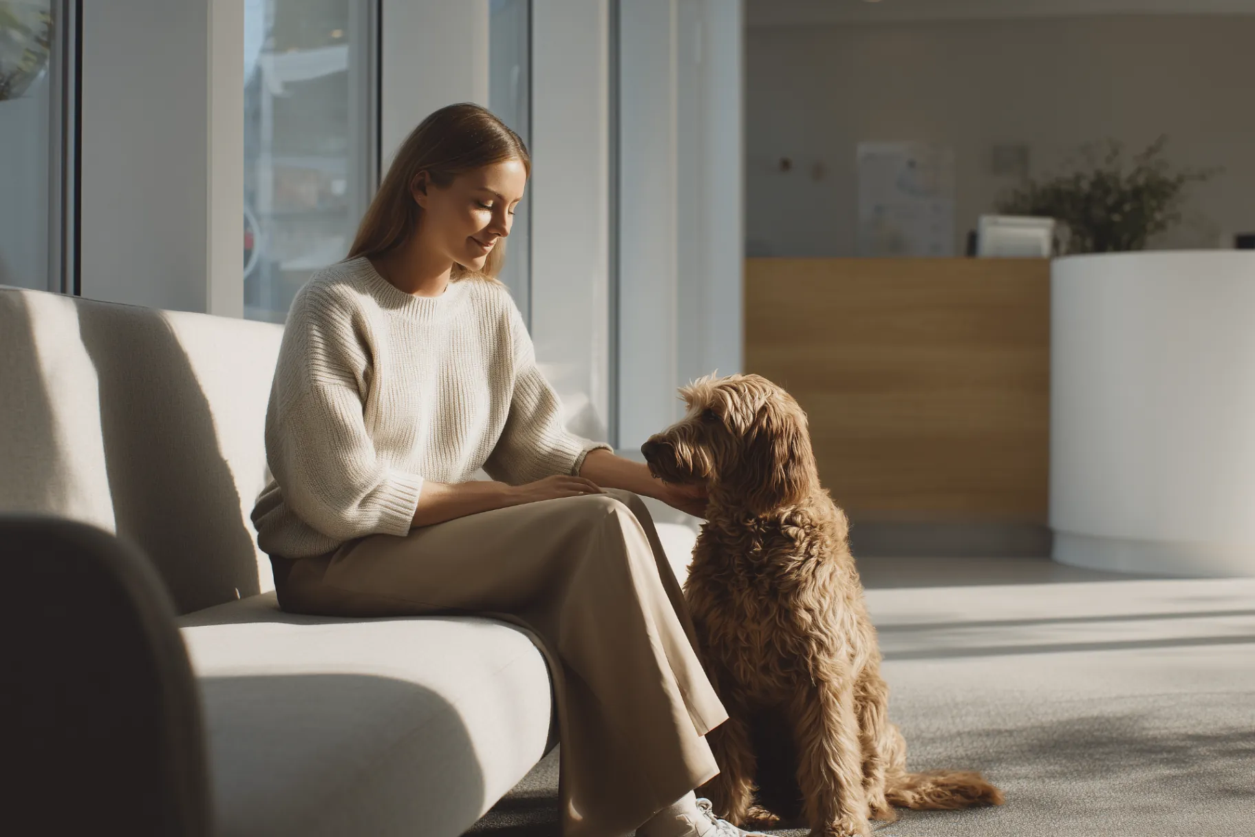 Hundehalterin sitzt entspannt mit ihrem Hund im Wartebereich