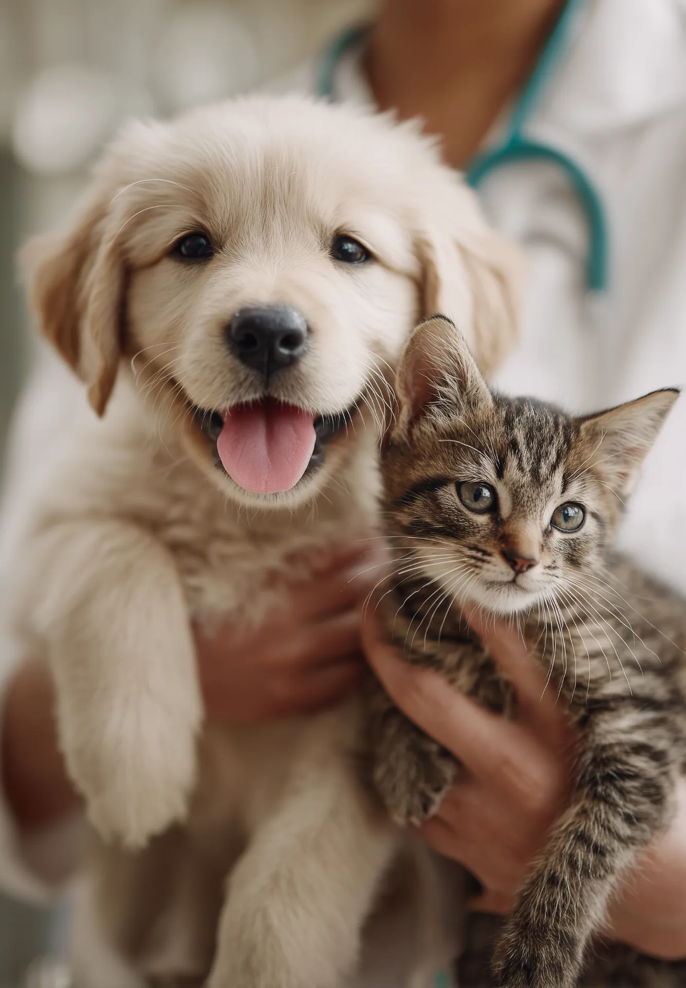 Welpe und Kätzchen auf dem Arm einer Tierärztin
